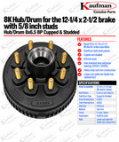 8K Hub/Drum for 12-1/4x2-1/2 Brake DX replacement 8x6.5 inch